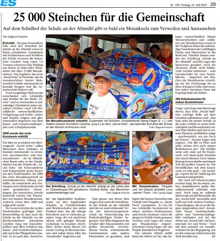 Pressebericht: 25.000 Steinchen Zeitungsartikel mit der Überschrift "25 000 Steinchen für die Gemeinschaft" über das Mosaikprojekt an der Schule an der Altmühl.