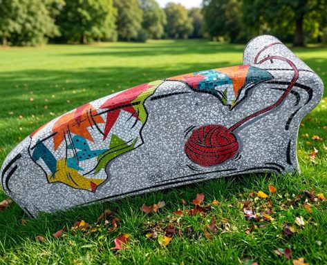 Abstraktes Mosaik-Objekt im Rasen Gebogene abstrakte Mosaik-Skulptur auf Rasenfläche mit herbstlichem Laub, farbenfrohe Muster auf grauem Hintergrund.