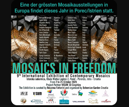 Plakat für die 9. Internationale Ausstellung für zeitgenössische Mosaike "Mosaics in Freedom" in Poreč, Kroatien, vom 2. bis 25. Oktober 202