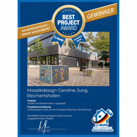 Gewinnerin des MAPEI Awards Offizielle Urkunde für Caroline Jung aus Reichertshofen als Gewinnerin des MAPEI Best Project Awards für ihr Mosaikdesign.