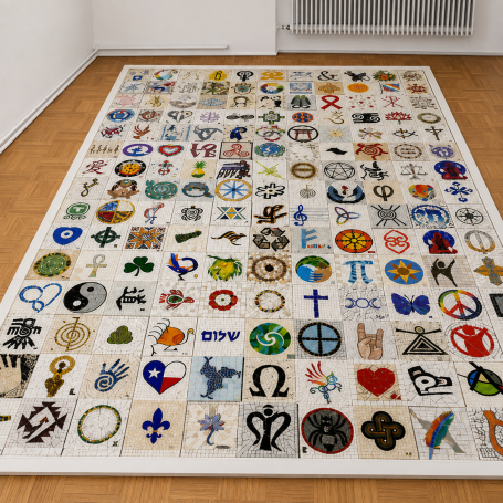 Internationale Mosaik-Bodeninstallation Eine weitere Perspektive auf die großformatige Mosaik-Bodeninstallation "SIGNS", die Zeichen und Schriften vereint.