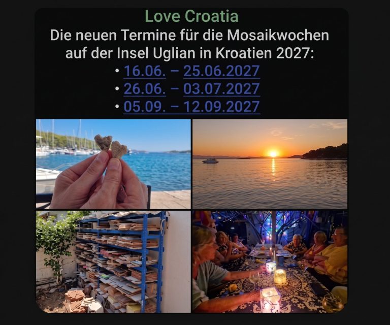 Collage mit vier Bildern: Zwei herzförmige Steine vor einem Yachthafen am Meer, ein stimmungsvoller Sonnenuntergang über dem Wasser, ein bla