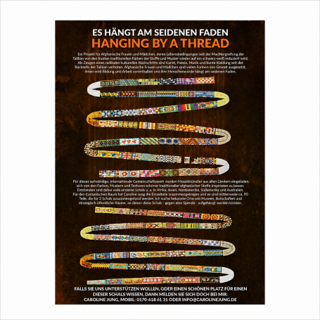 Projektplakat "Hanging by a Thread" Informationsplakat für das internationale Mosaikprojekt "Hanging by a Thread" von Caroline Jung.